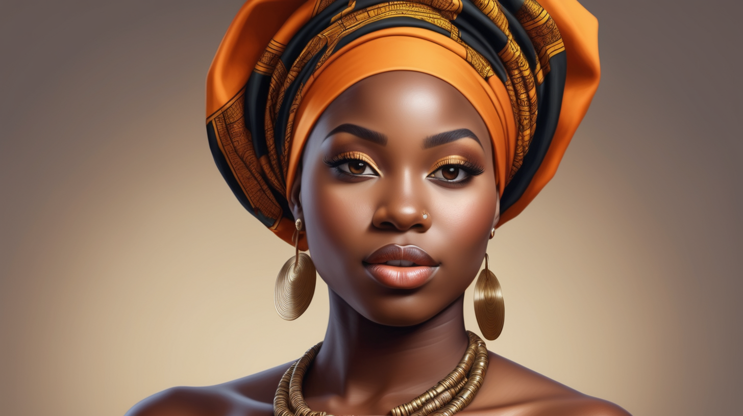 A realistic image of a curvy nubia skin  black woman with super medium short cut hair  wearing african dress and head gele 