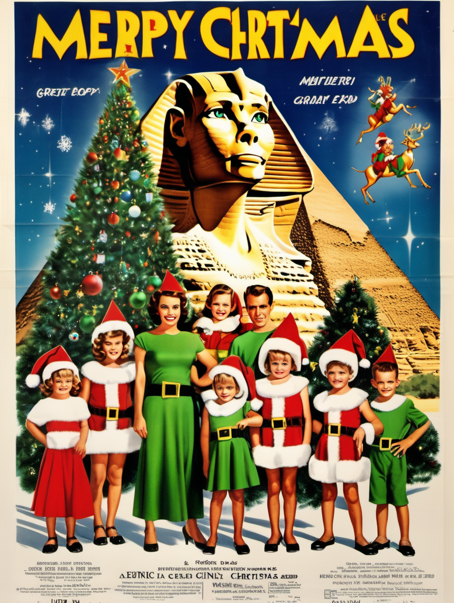 A 1950's movie poster with a mom, dad, and four kids dressed as Christmas elves with background of great sphinx in egypt + christmas tree