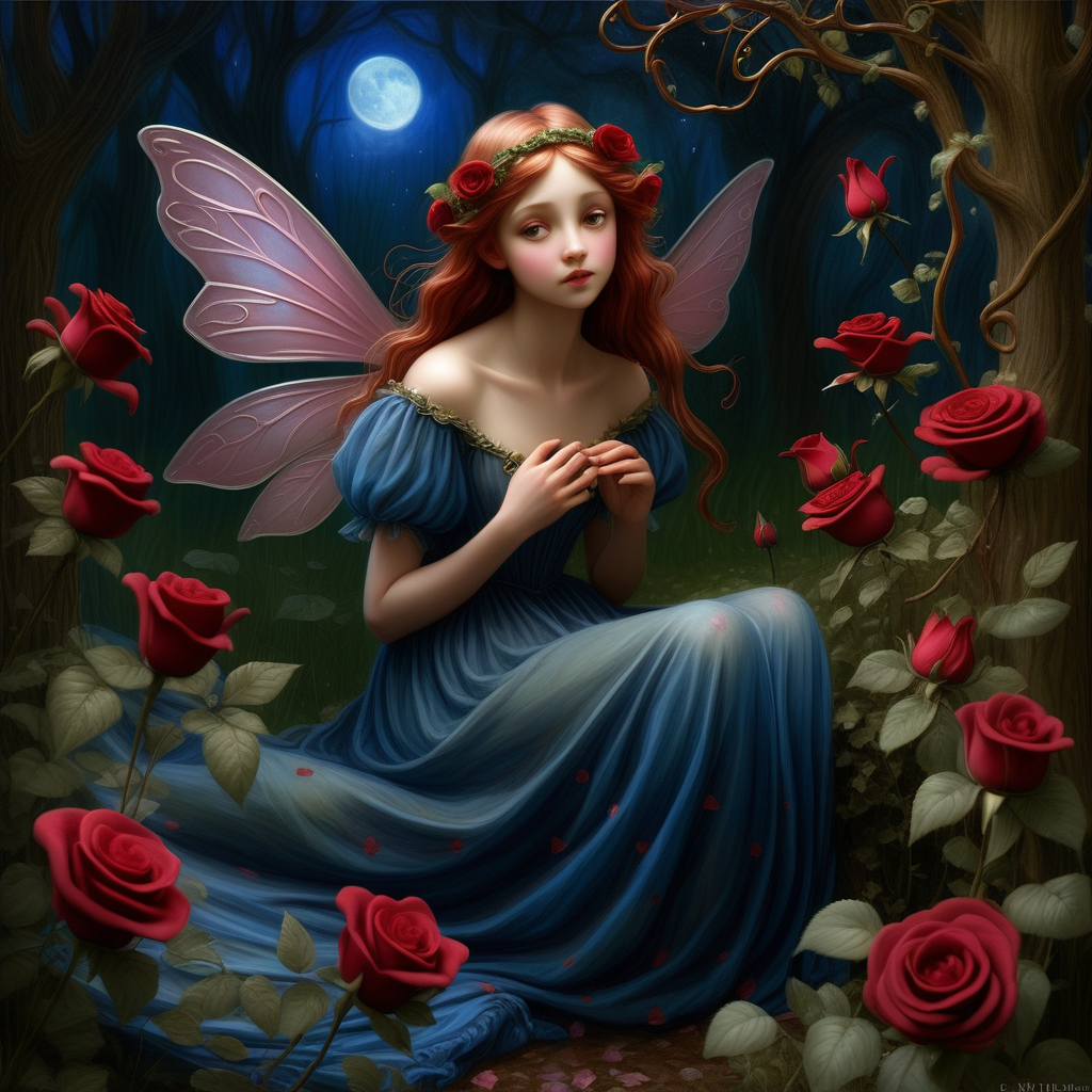 /envision prompt: "Whimsical fairy valentines" envisioned as a stunning oil painting in the style of the Pre-Raphaelite Brotherhood, drawing inspiration from John Everett Millais. The fairies, with intricate details and flowing garments, grace a moonlit glade surrounded by blooming roses and heart-shaped vines. The color temperature leans towards cool, moonlit blues and rich, deep reds. Each fairy's expression reflects a poignant emotion, from wistful longing to tender affection. The lighting casts a romantic glow, emphasizing the ethereal beauty of the scene. The overall atmosphere resonates with a timeless and melancholic romanticism.--v 5 --stylize 1000