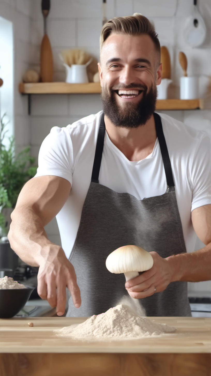 handsome happy man with lions mane mushroom powder  in his kitchen 4k