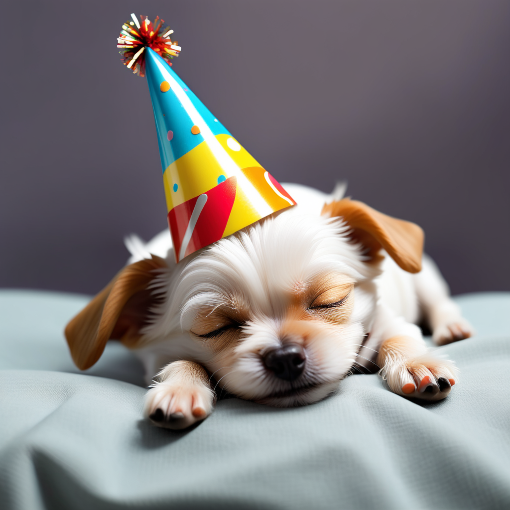 cute sleeping small dog with a birthday hat