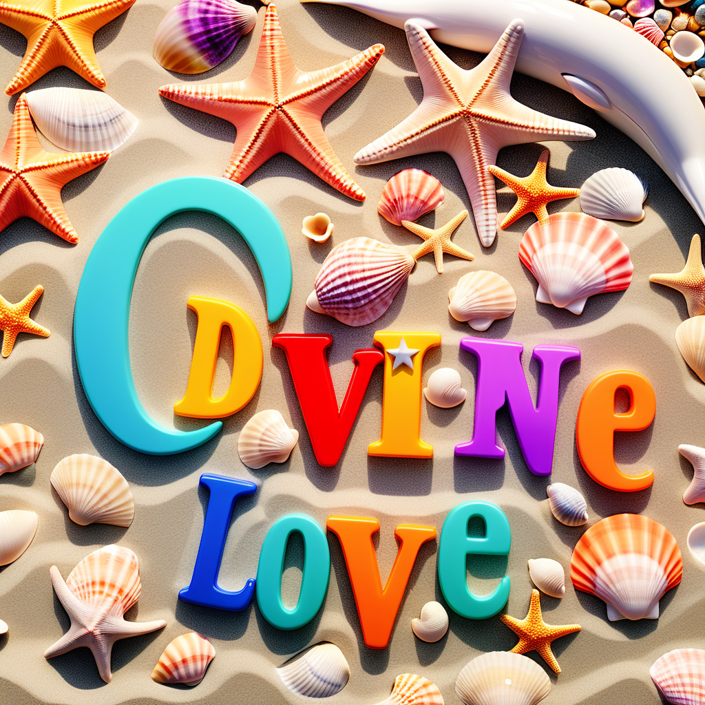 the exact spelling of {Divine love } in colorful letters with a star floating around on a beach with seashells and dolphins swimming in the water 