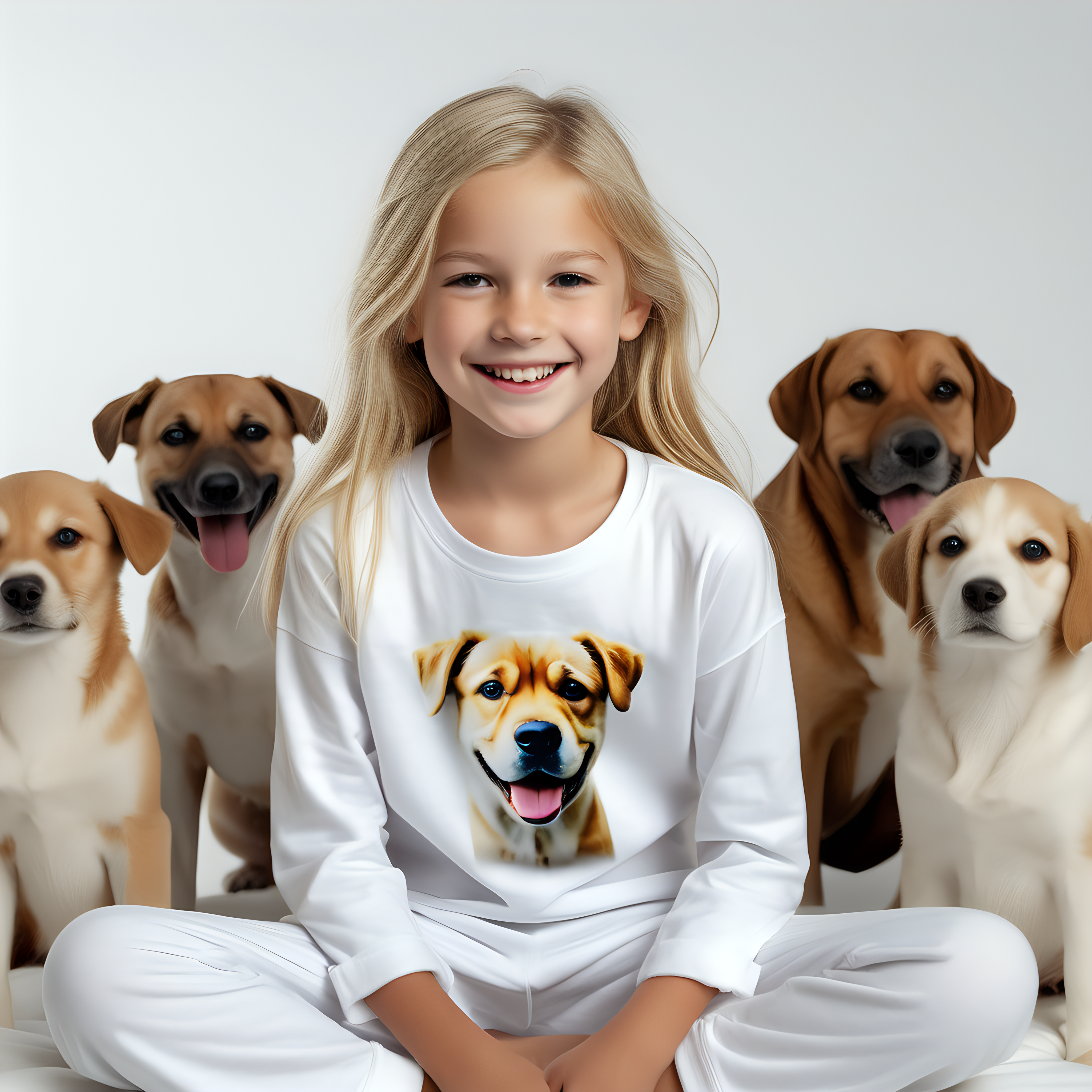 “Perfect Facial Features photo of a blonde smiling 10 year old girl sitting surrounded by dogs, in  white cotton tshirt pyjama (no print, long  tight cuff sleeves, loose long pants) , no background, hyper realistic, ideal face template, HD, happy, Fujifilm X-T3, 1/1250sec at f/2.8, ISO 160, 84mm”