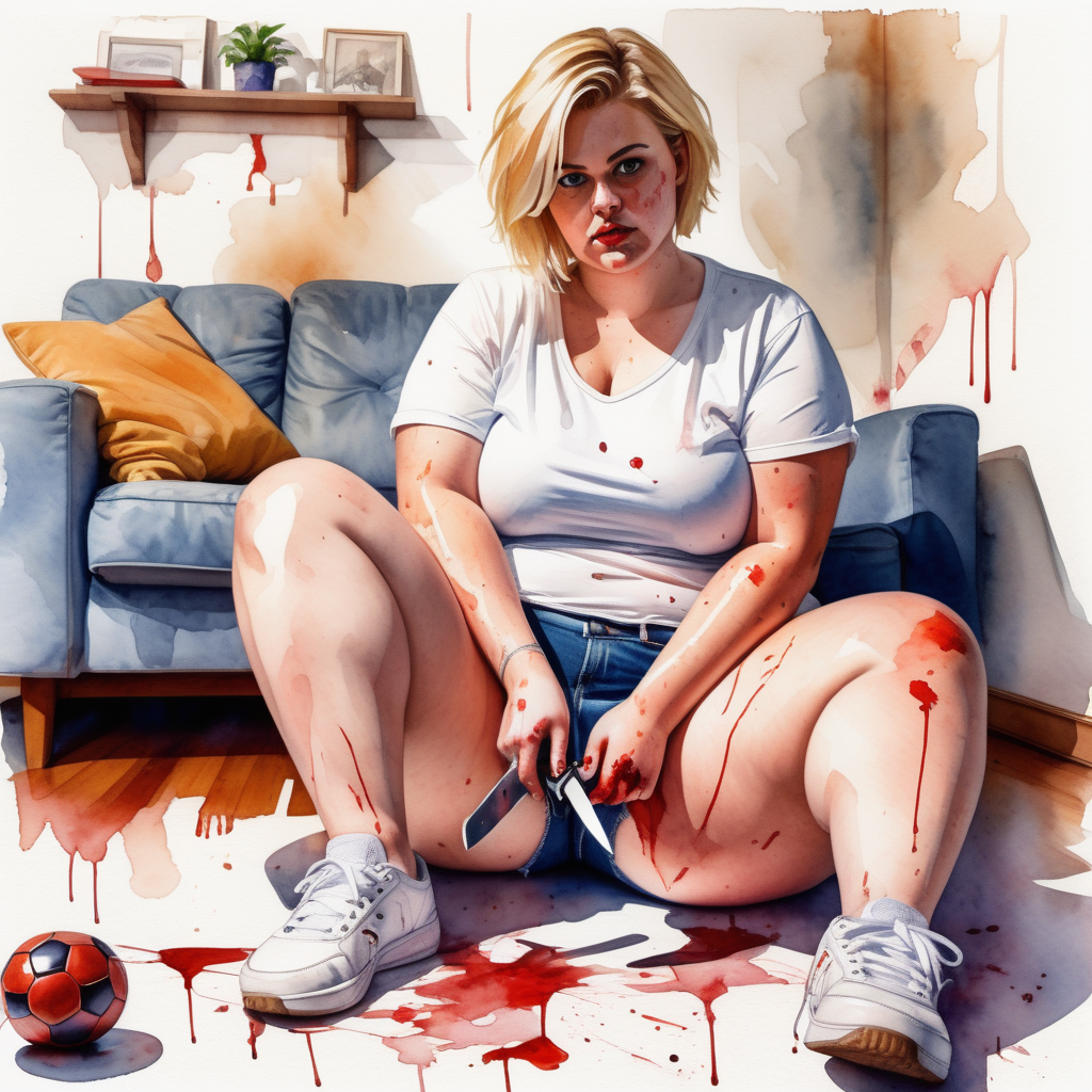 sexy curvy big blonde woman, short hair, white shirt, denim shorts and sneakers on her feet, with a knife in her blood-stained hand sitting with her leg on top of a small soccer ball in the living room of a house, image based in watercolor paint.