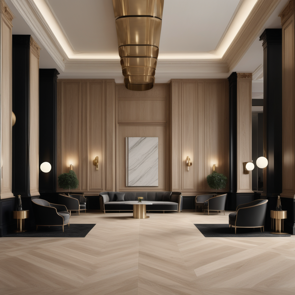 A hyperrealistic image a grand Modern Parisian hotel lobby in a beige oak brass and black colour palette