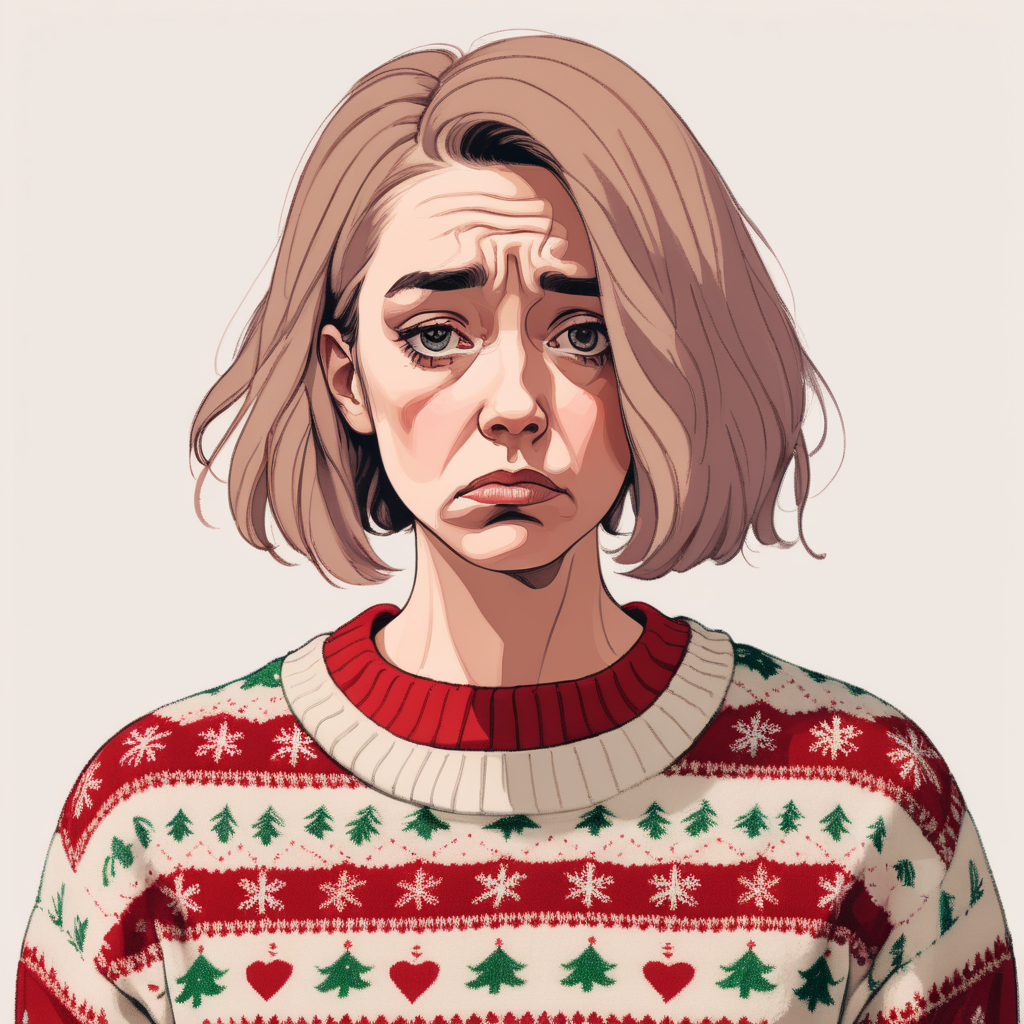 In muted colors: a woman looking sad wearing a Christmas jumper on a blank light-colored background