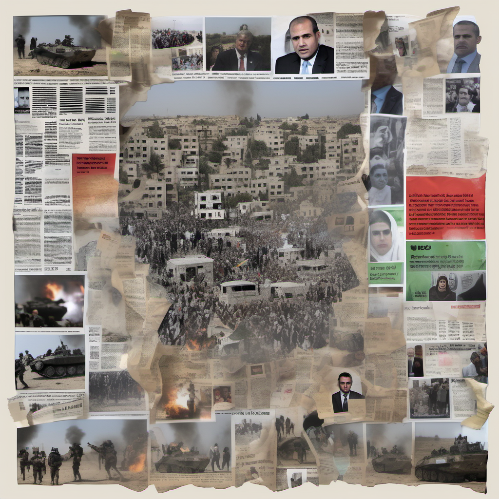 Media Coverage: A collage representing the media coverage of Gaza battles, using newspaper clippings, TV screens, and social media icons, overlaid with transparent images of the actual events, questioning the reality versus representation.