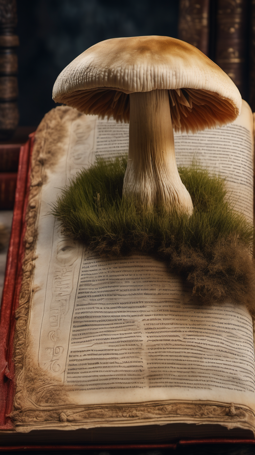 ancient history book with a lions mane mushroom picture inside of it 4k