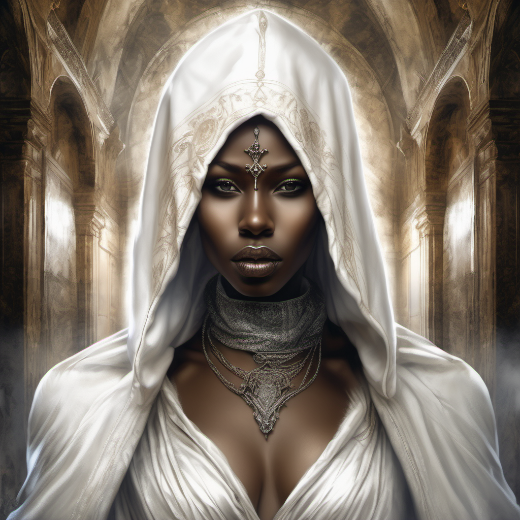 genera un retrato, estilo Luis Royo, de una princesa medieval africana, treinta años, embozada en una capucha blanca, máscara sobre la nariz y la boca, vestidura lujosa, de fondo un salón de palacio




