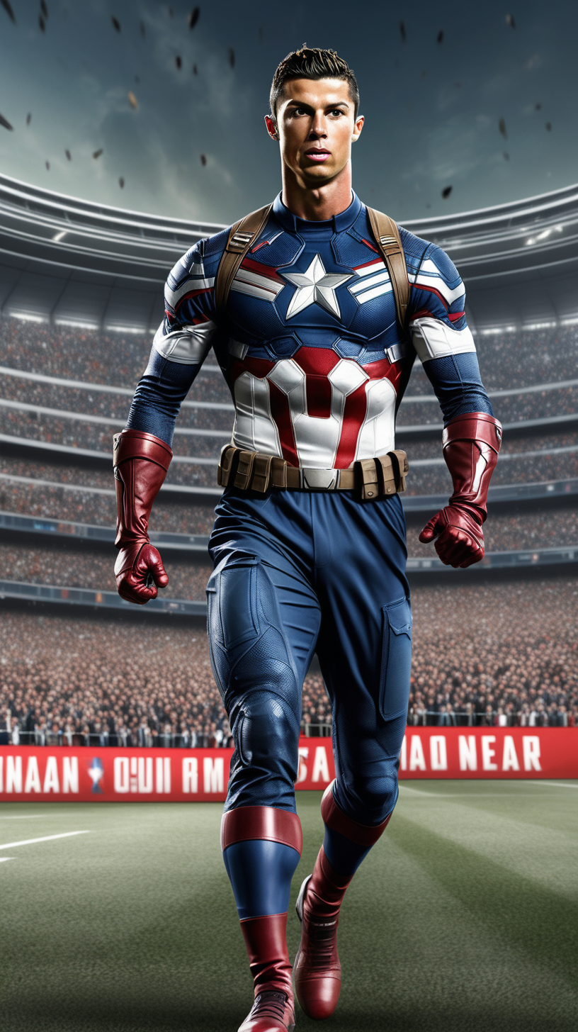 Full body, Cristiano Ronaldo is playing football as Captain America, stadium background, lots of fans, realistic, ar 2: 1 --v 5