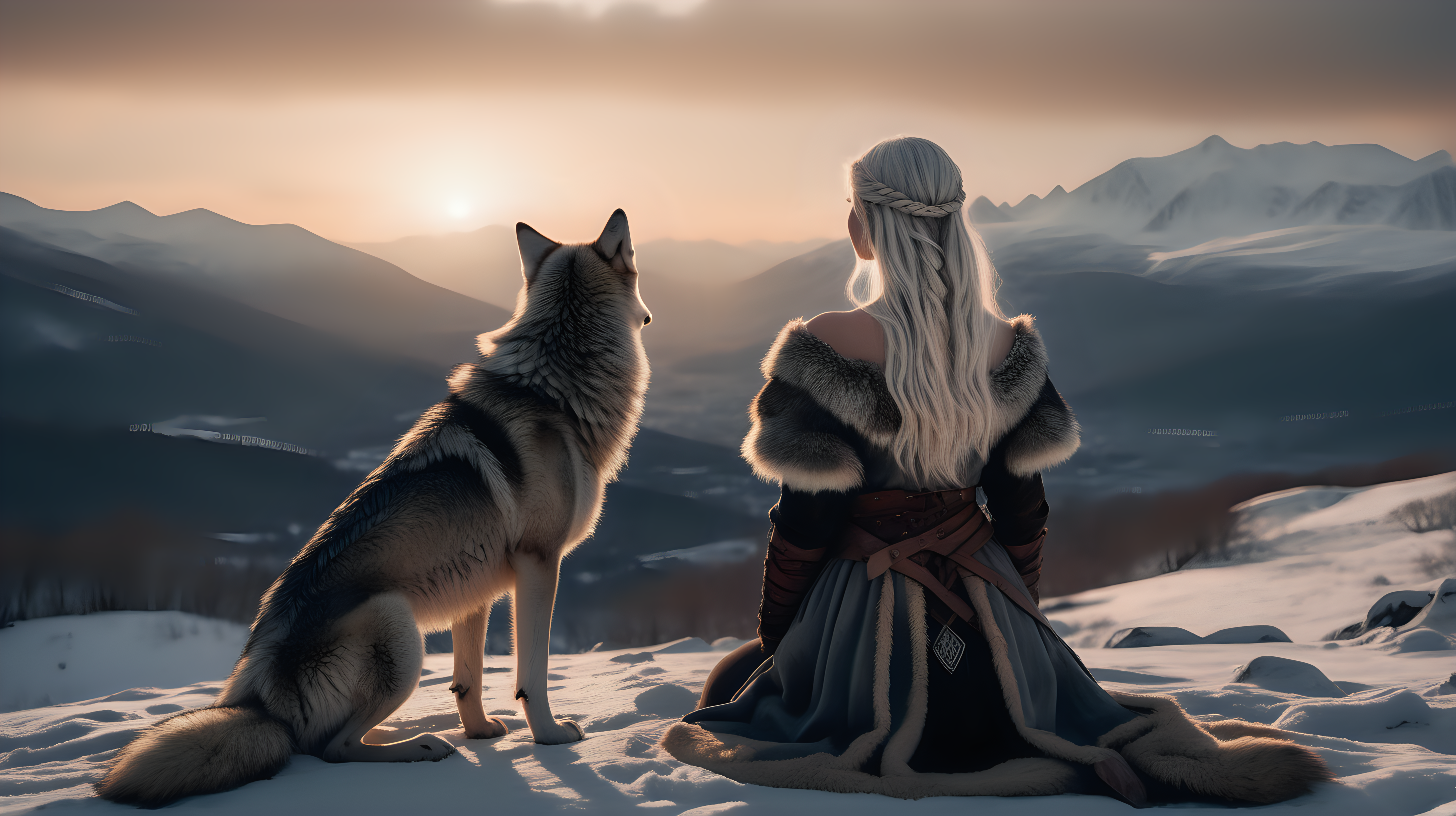 the photo is taken in snowy landscape with mountains in the distance sunset. one beauty girl is standing, a wolf is sitting on her side. both are watching to the mountains. The photo was take from behind them. The girl is wearing viking indumentary, without weapons, white straight hair. The lighting in the portrait should be dramatic. Sharp focus. A ultrarealistic perfect example of cinematic shot. Use muted colors to add to the scene.