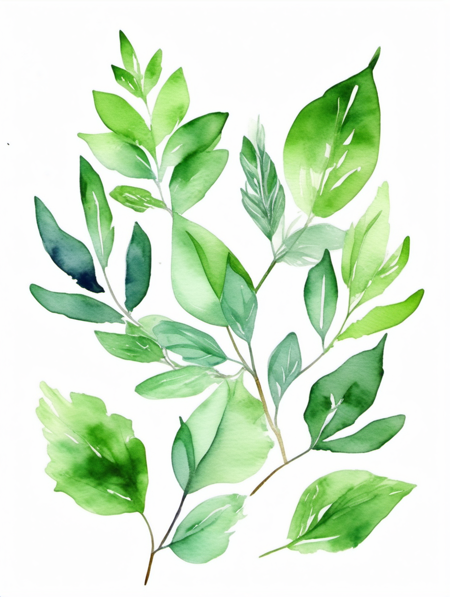 simple green foliage, watercolor, white background