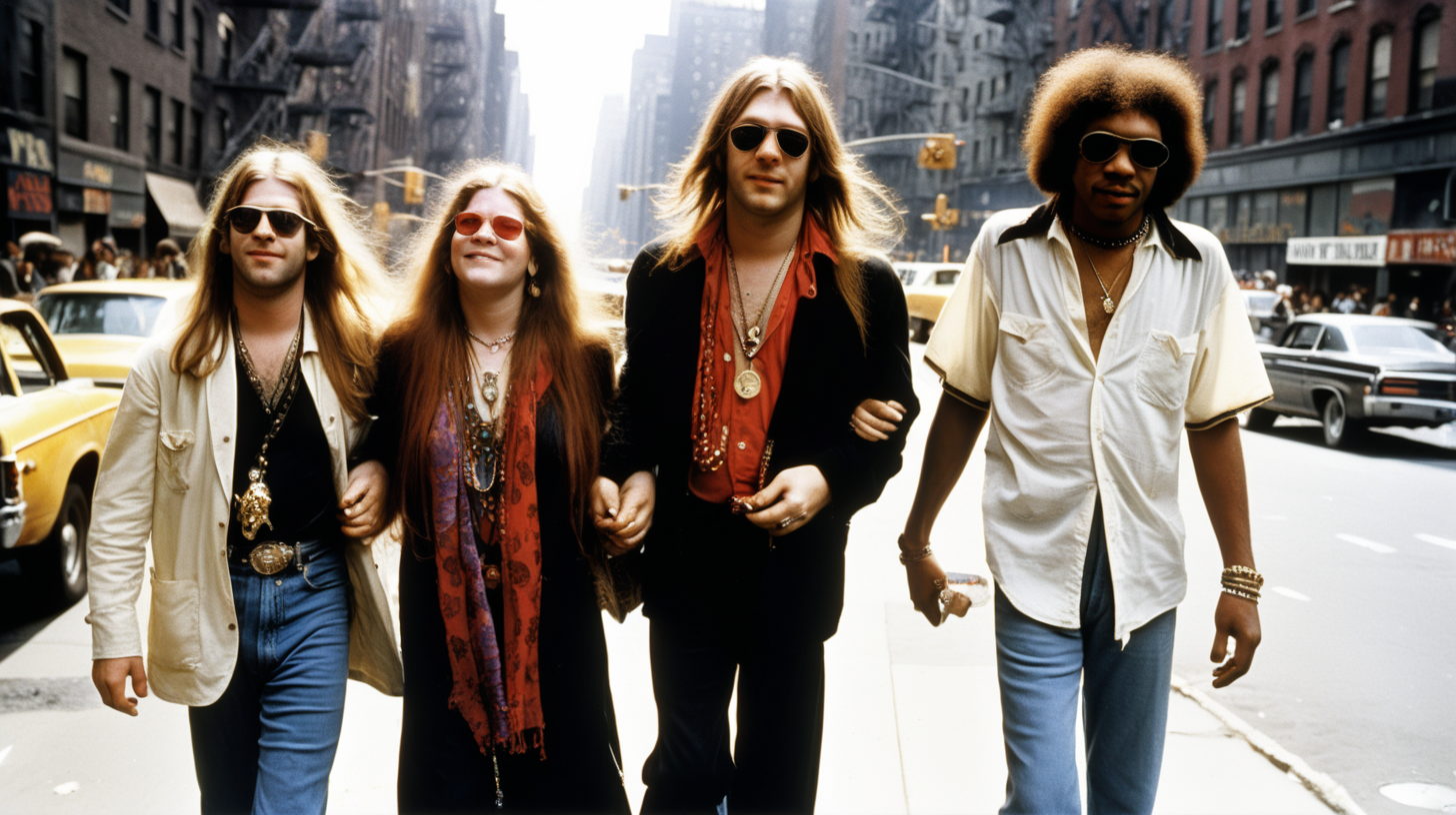Curt Cobain, Janis Joplin, Jimmy Hendrix  walking together on Streets of new york.