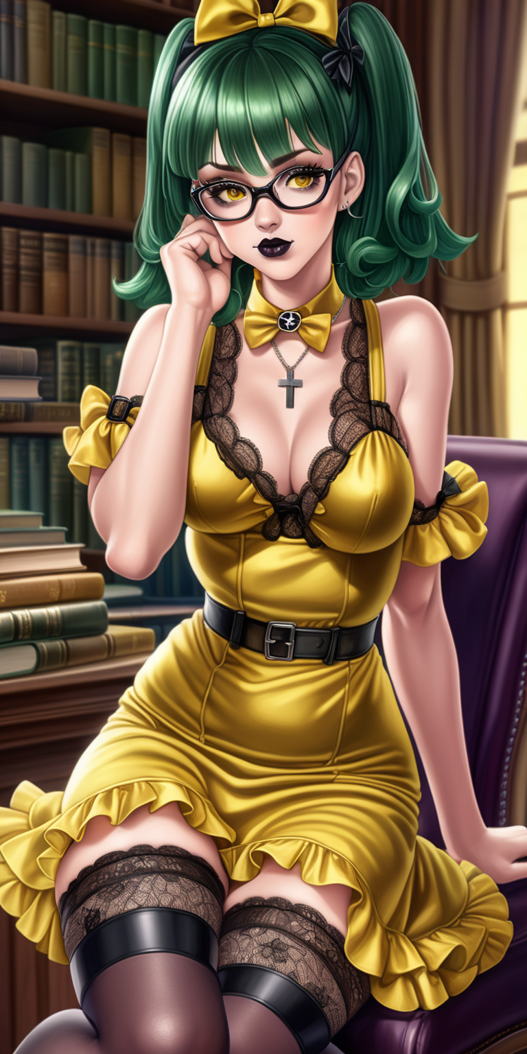 Muscular Anime woman with dark green hair and large lips with dark lipstick and dark heavy makeup. wearing glasses. wearing a cross necklace.  wearing a frilly yellow satin dress with lots of bows and lace. Wearing black stockings. Wearing glossy yellow Mary Jane heels. Very shiny. sitting in a study. Dorky expression.