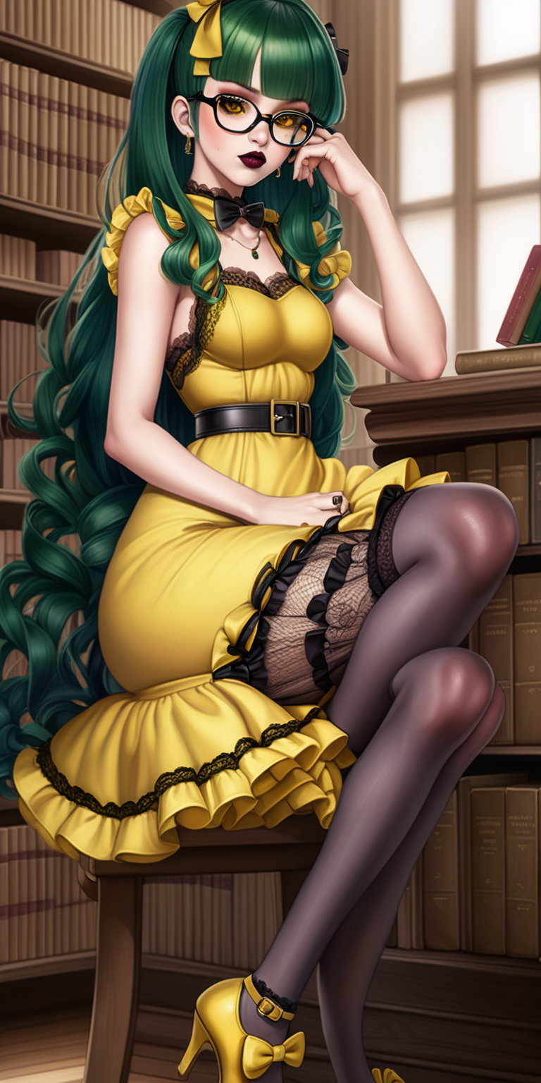 Anime woman with dark green hair and large