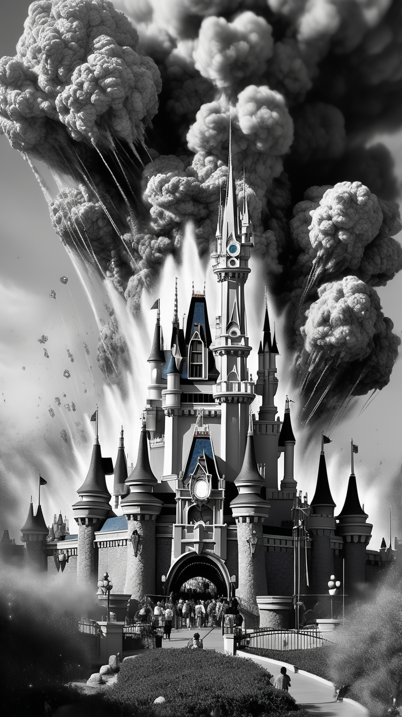 /imagine prompt : An ultra-realistic black and white
 drawing ,landscape, armageddon day, Disneyland exploding and destroying
sureal hyper realistic
towers of Disneyland are blurred and flow create mysterious atmosphere 
 The image, shot in high resolution and a 16:9 aspect ratio, –ar 9:16 –v 5.2 –style raw