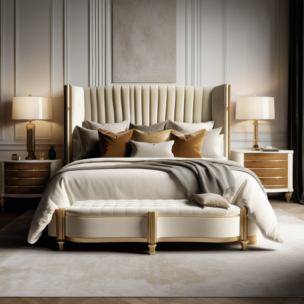 a hyperrealistic image of a velvet modern Parisian  king bed  in ivory, oak and brass 
