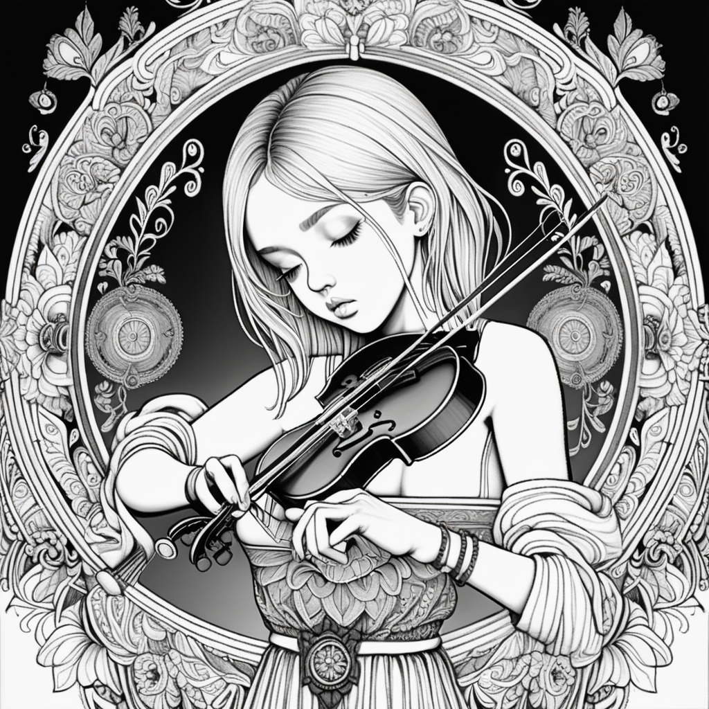 black & white, coloring page, high details, symmetrical mandala, strong lines, sad girl playing violin as the world burns