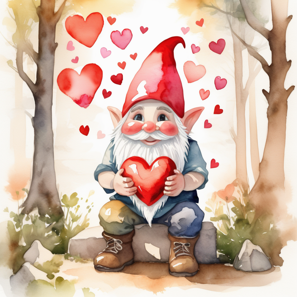 /envision prompt: A watercolor image of, a valentine-themed gnome  in a candid moment. Set against a natural backdrop, the gnome interacts with heart-shaped elements, creating a genuine and spontaneous atmosphere. The color temperature is warm, enhancing the earthy tones of the surroundings. The gnome's expressions vary, capturing authentic emotions of love and playfulness. The lighting is natural, with sunlight streaming through the trees, creating a warm and inviting scene. --v 5 --stylize 1000