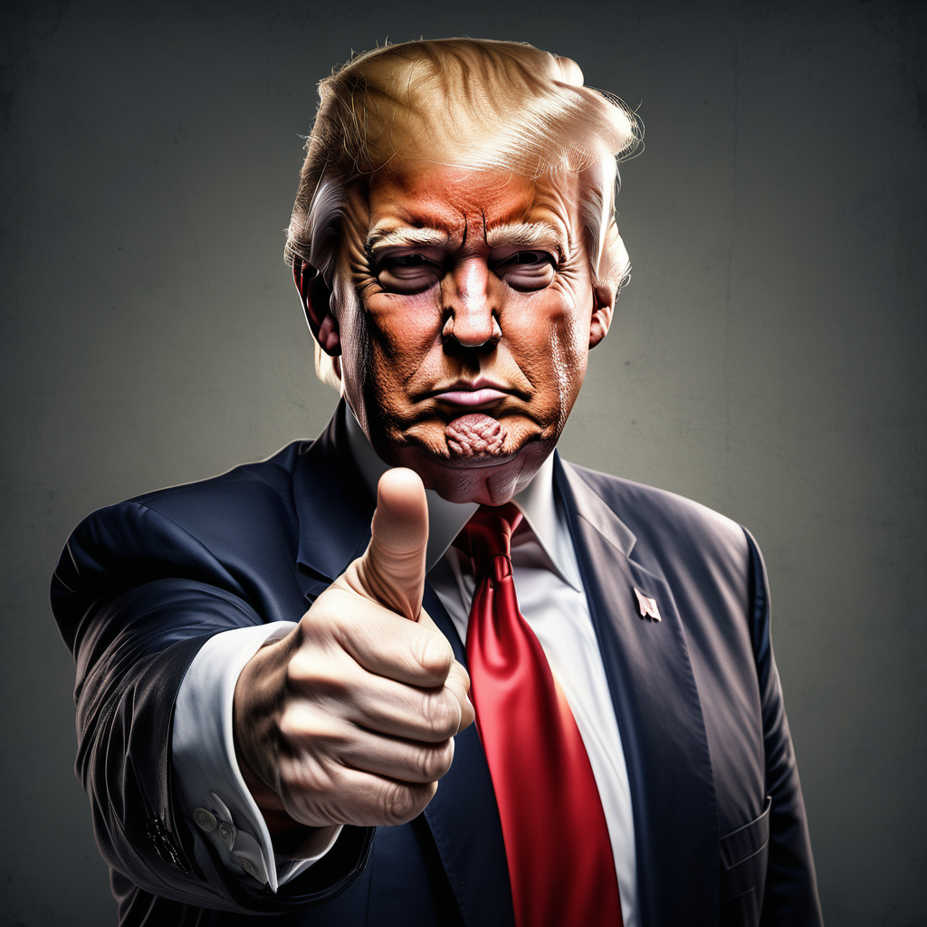 create a realistic portrait of donald trump pointing the finger at viewer
