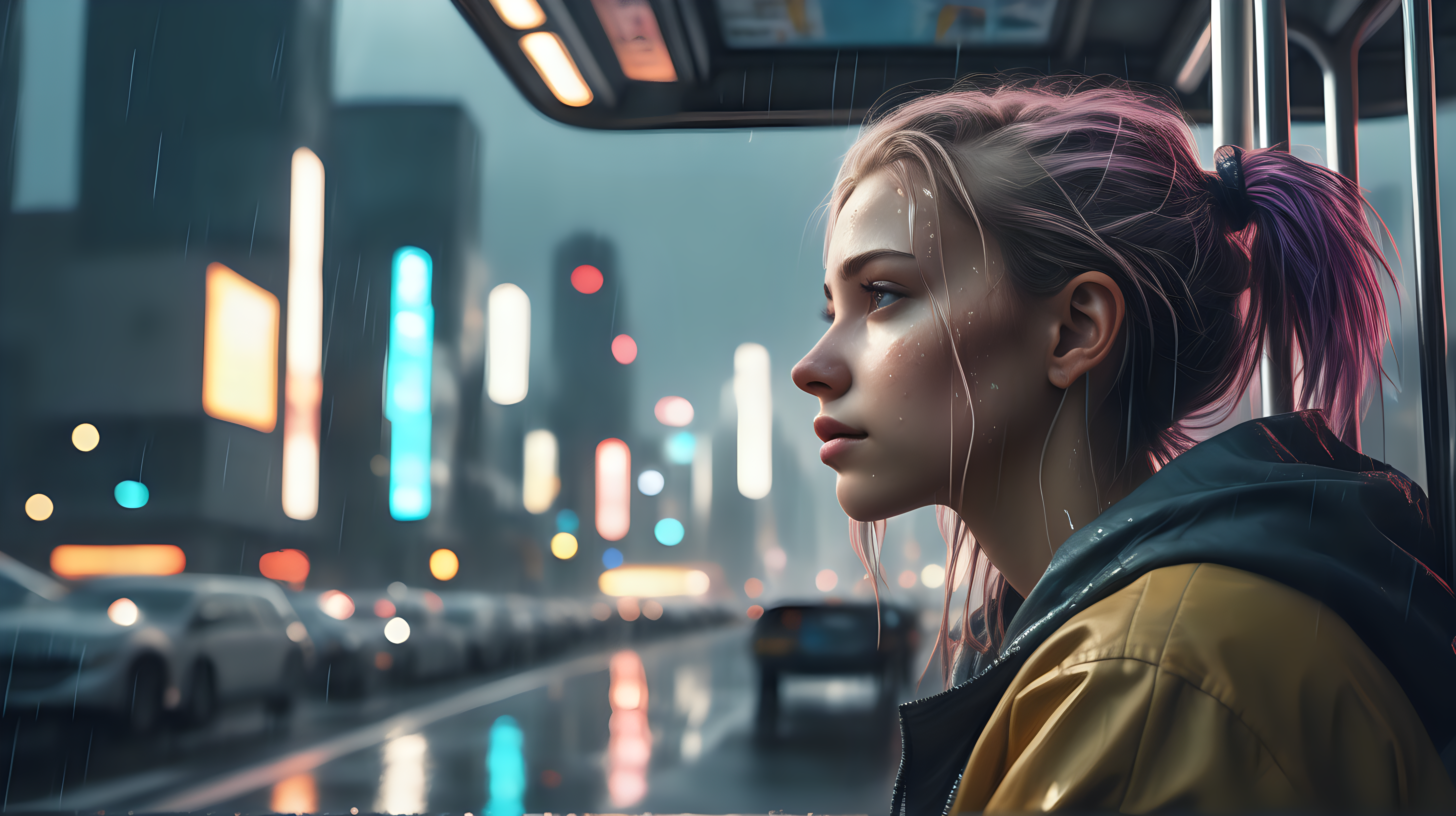 A dystopian, High Detail RAW color Photo, Full Shot, (cute female), sitting in a bus stop, looking out at sprawling cyberpunk city skyline, perfect face, is rainning (highly detailed, fine details, intricate), (lens flare:0. 5), (bloom:0. 5), raytracing, specular lighting, shallow depth of field, 200mm lens, hard focus, smooth, cinematic film still
