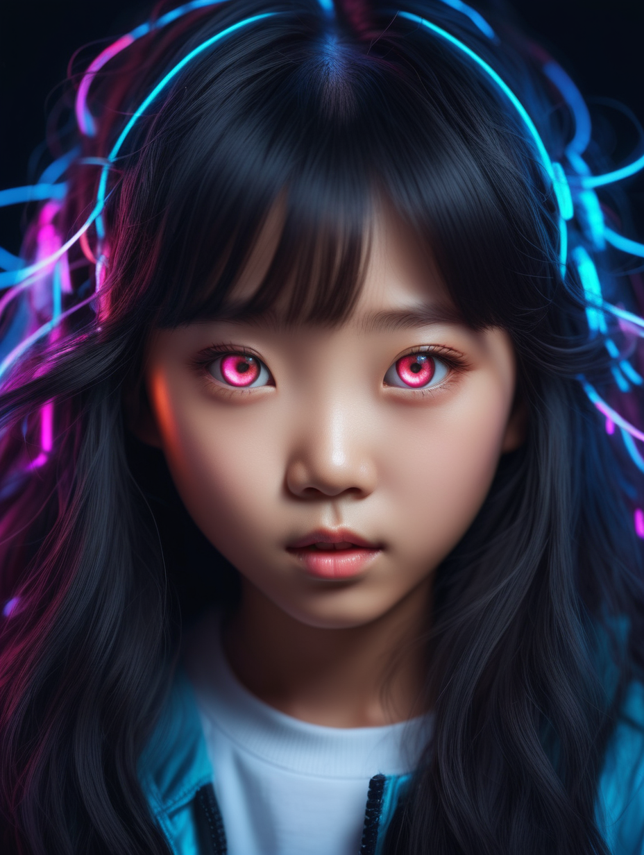 adorable cute asian girl with glowing eyes. portrait. voluminous hair. neon. very intricately and microscopically detailed. very intricately and microscopically detailed. glossy lips.