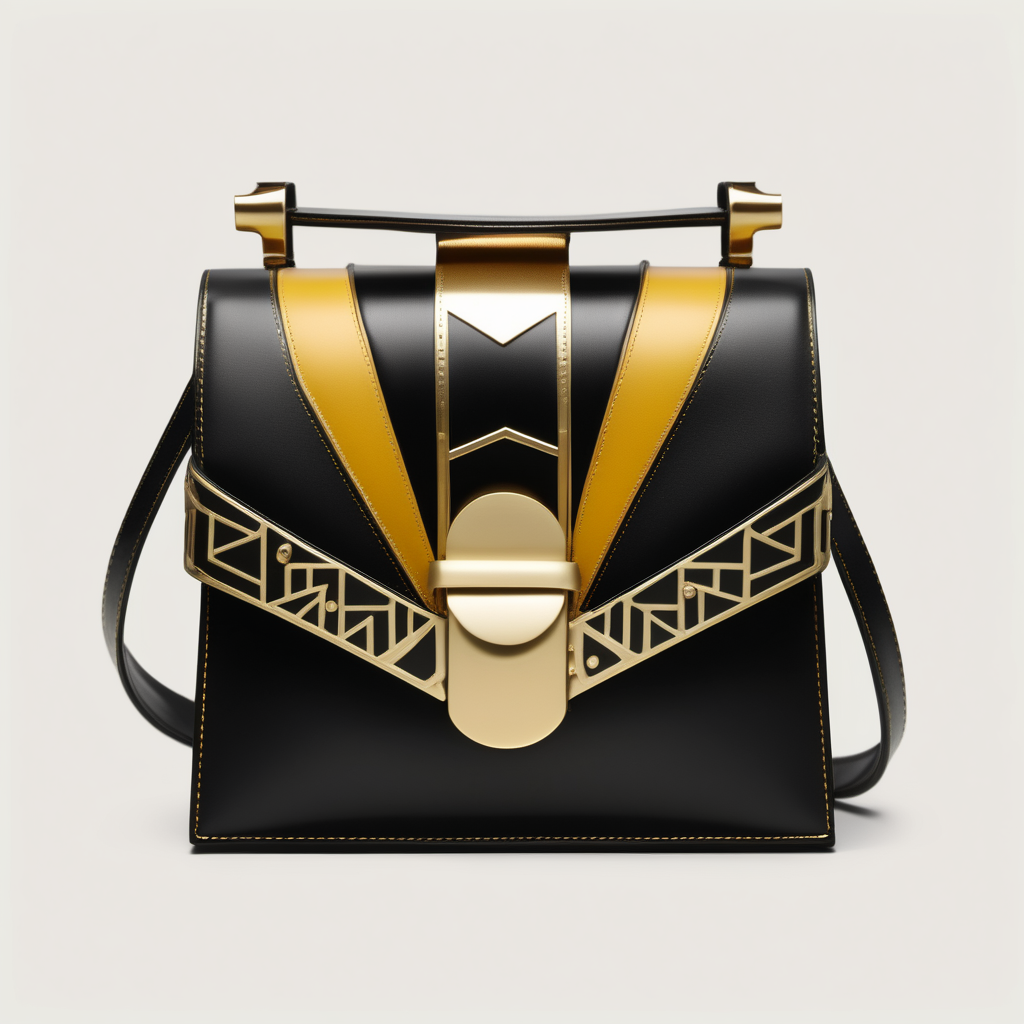 Art Nouveau motiv inspired luxury small  bag  leather with flap and metal buckle- geometric shape - frontal view  - inserts color block - gold and black shades