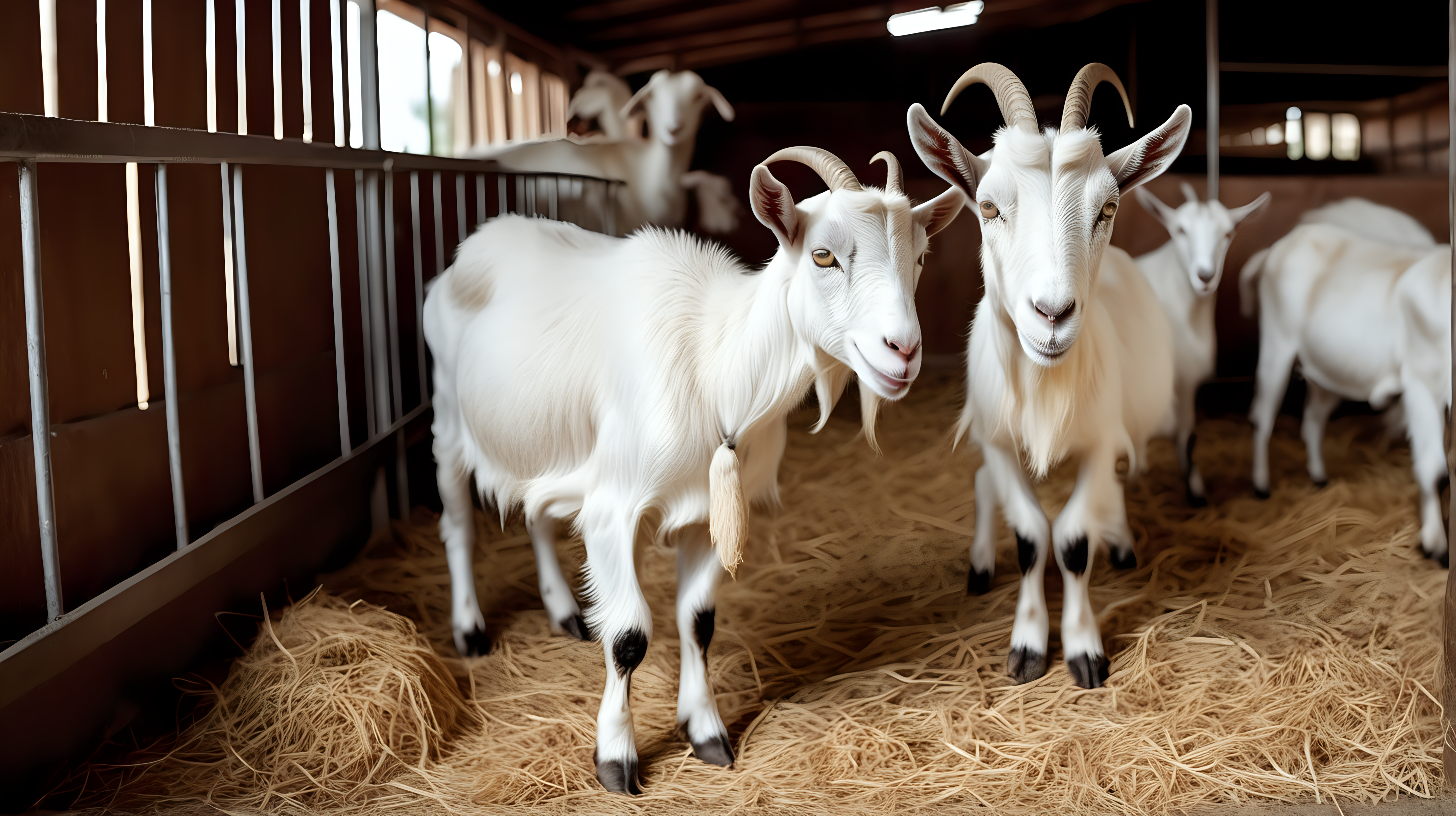 indoor modern goat farm with goat eat food in stable, close up goat