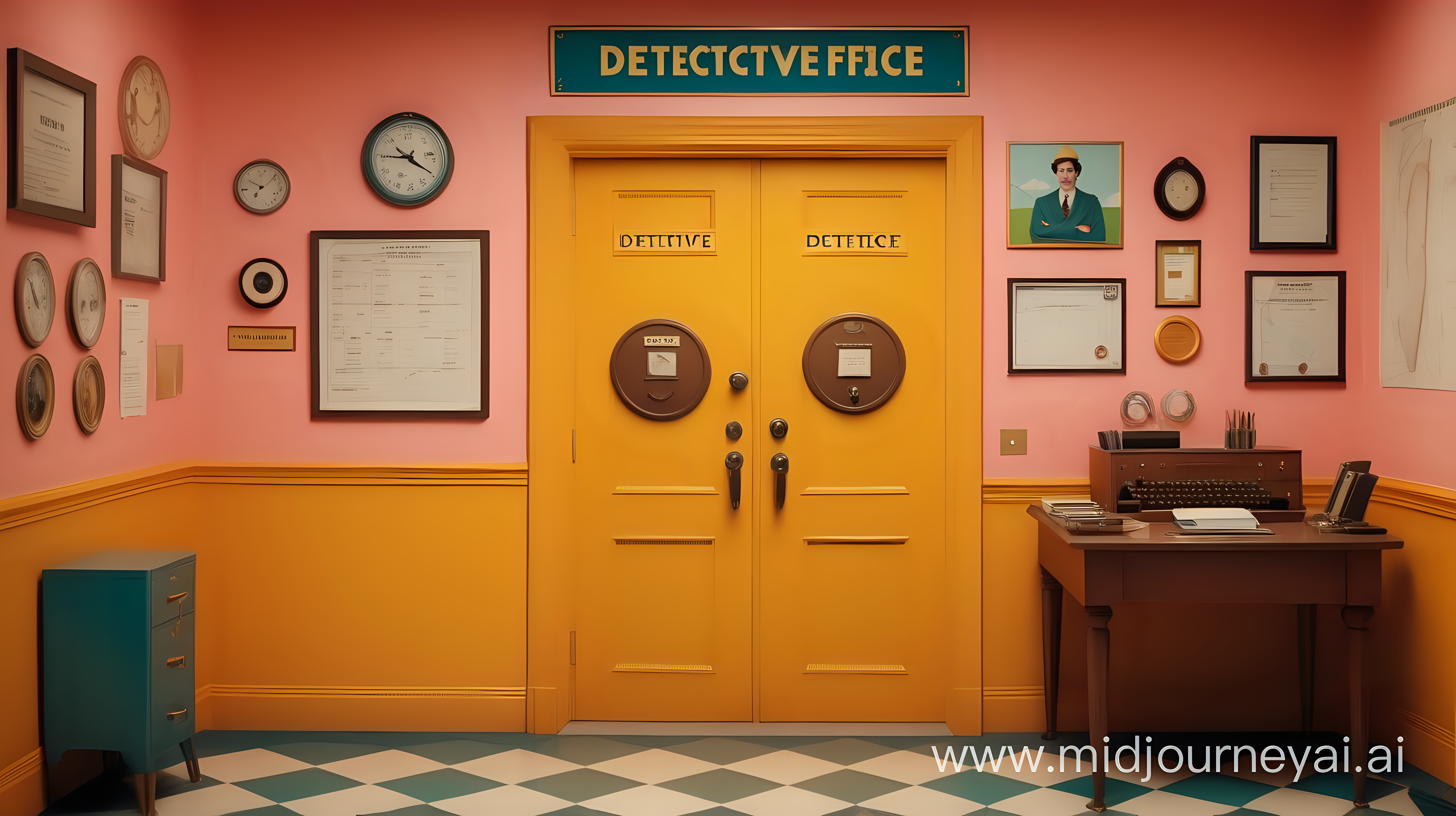 Detective office door in the style of Wes