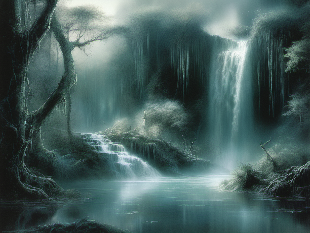 genera una ilustración de fantasía, estilo Luis Royo, de una cascada sobre una laguna en medio de un bosque de fantasía, luz etérea y fría




