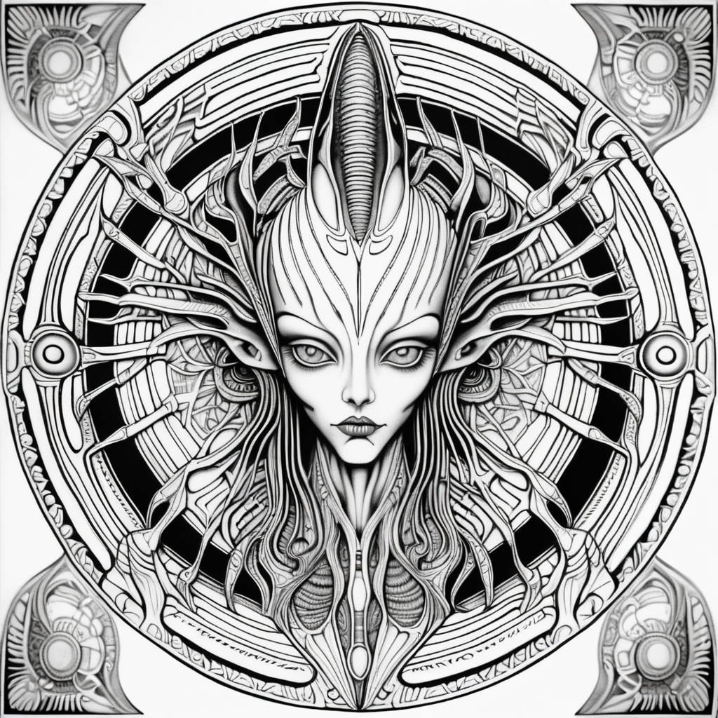black & white, coloring page, high details, symmetrical mandala, strong lines, alien Vitruvian woman in style of H.R Giger