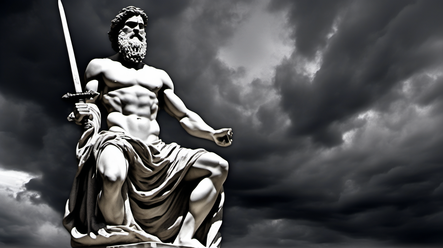 ﻿
Image of a full-body statue depicting a muscular, long bearded man with sword black cloud background. The statue should be in the style of ancient Greek art, characteristic of Stoicism. It should feature clothing elegantly draped over one shoulder. The background should be dark, highlighting the statue as the central element. The statue must demonstrate exceptional
craftsmanship, with intricate details visible in the facial features and attire. The image should have a dramatic feel, achieved through the interplay of light and shadow. The perspective should be a wide shot.