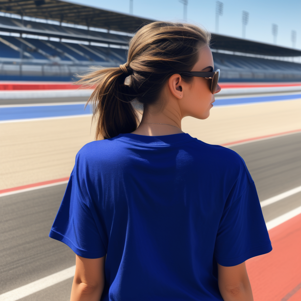 girl with sunglasses on and an oversized royal blue PLAIN t-shirt facing away on a race track and shes standing 5 feet away