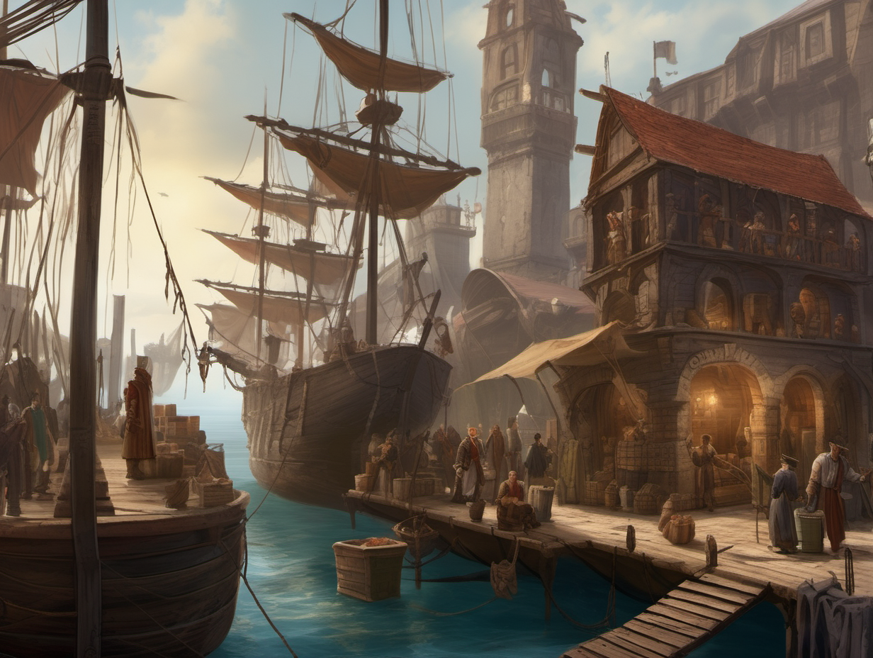 Fantasy Shipping Dock with merchants and people unloading cargo
