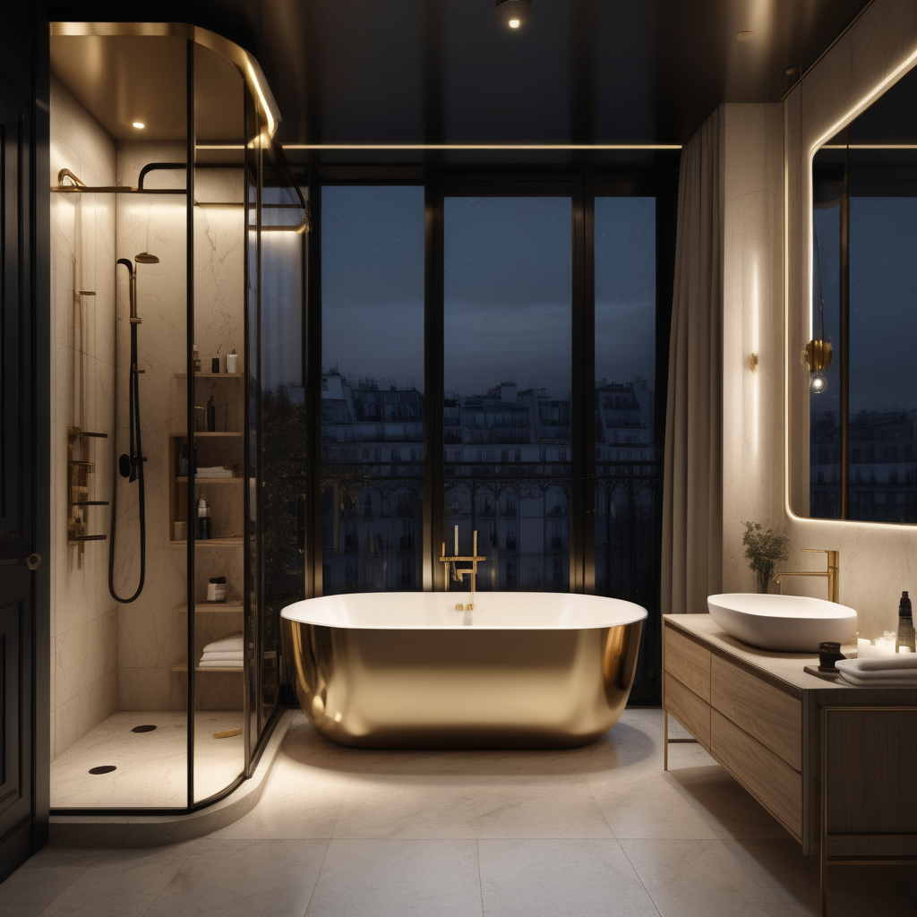 a hyperrealistic image of a grand modern Parisian  bathroom at night with mood lighting, floor to ceiling window with view of the balcony  in beige, oak, black and brass with modern brass pendant lights and glass double walk-in shower
