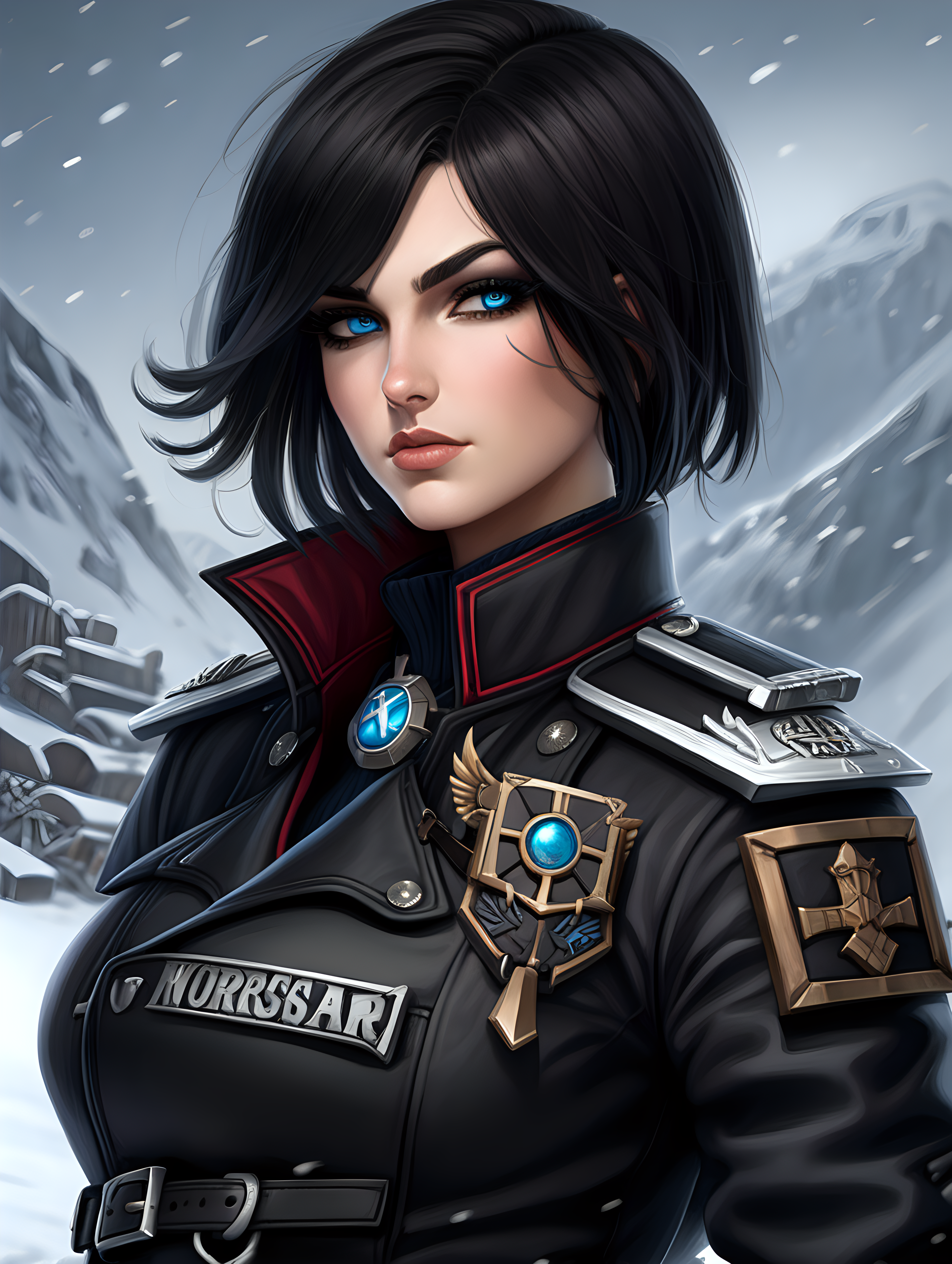 Warhammer 40K young busty Commissar woman. She has an hourglass shape. She has raven black hair. She has a very short hair style similar to what Maya, from Borderlands 2, has. Dark black uniform. Dark brown belt has a lot of pouches, grenades, and a black holster attached. Dark brown bandolier around waist. Her dark black uniform jacket fits perfectly and is closed up. She has a lot of eye shadow. Background scene is snowy trench line. She has icy blue eyes. Her uniform has some Norse runes on the collar and epaulettes. She is wearing warm clothes. --r 5