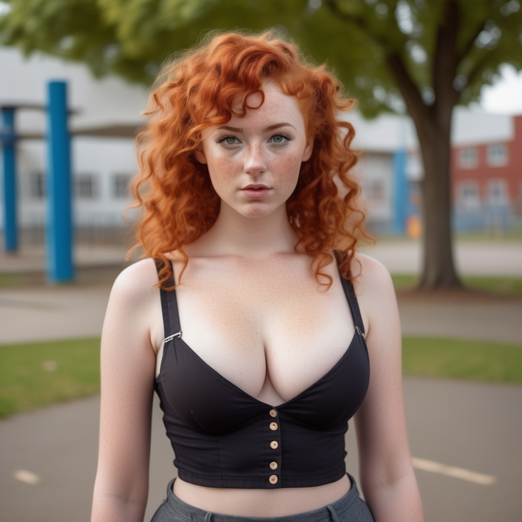 pasty red haired woman who has curly tied hair and fringe, with freckles and round breasts, showing cleavage at school yard
