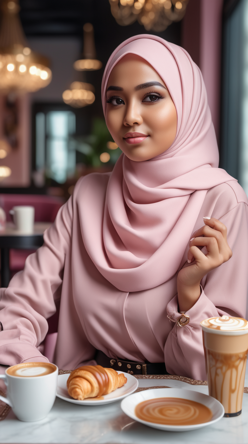 a wide shoot of a malay woman hijab, detail face smooth, mix look siam, wearing outfit rockers, sitting at her chair with croissant and salted caramel coffee setting up in table very luxury soft pink theme, realistic, 8k, taken from dslr nikon, instagram style, extremely delicious look