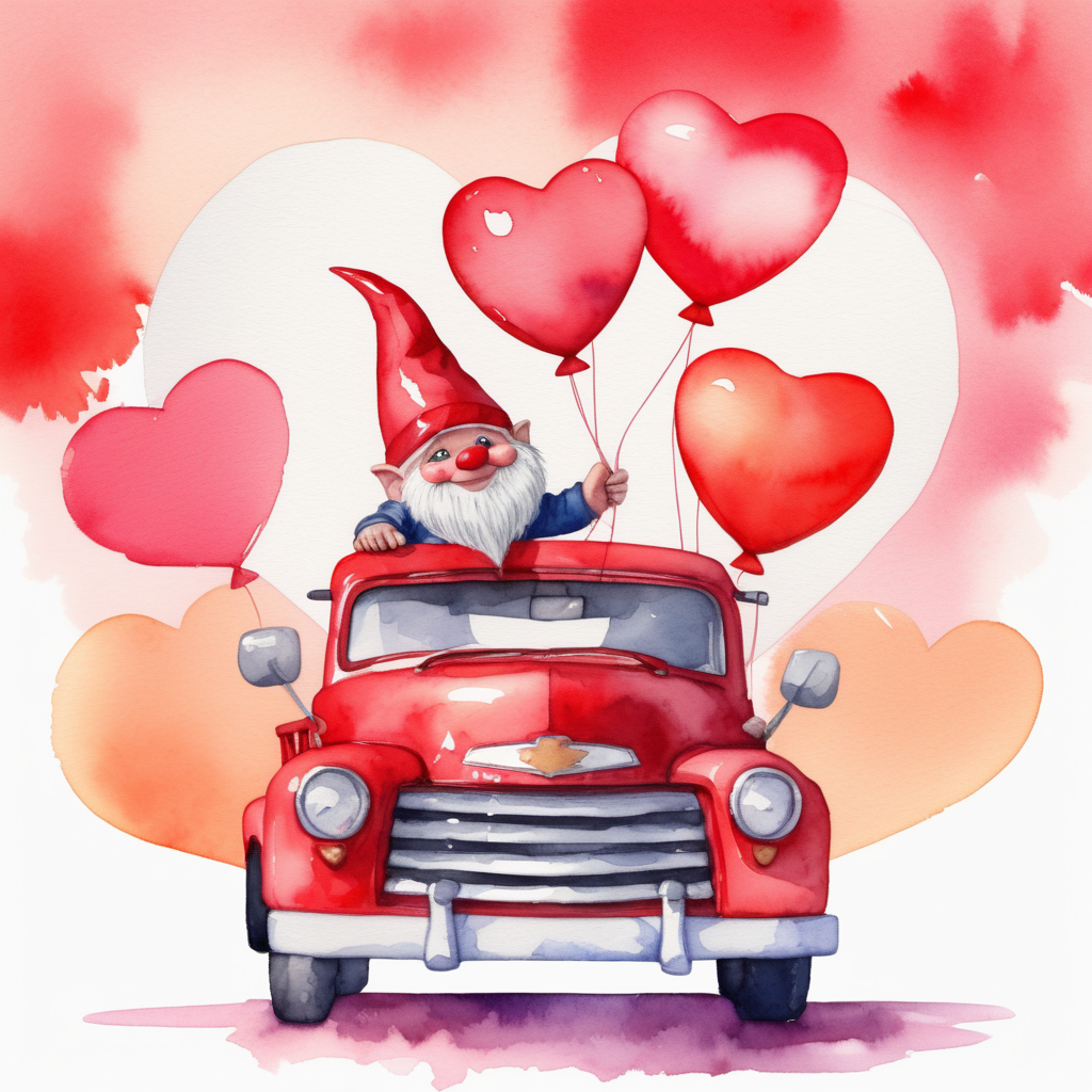 /envision prompt: A watercolor image of, a valentine-themed gnome . The gnome is seen sitting in a red vintage chevy truck surrounded by red heart balloons. The lighting is natural daylight towards sunset. --v 5 --stylize 1000