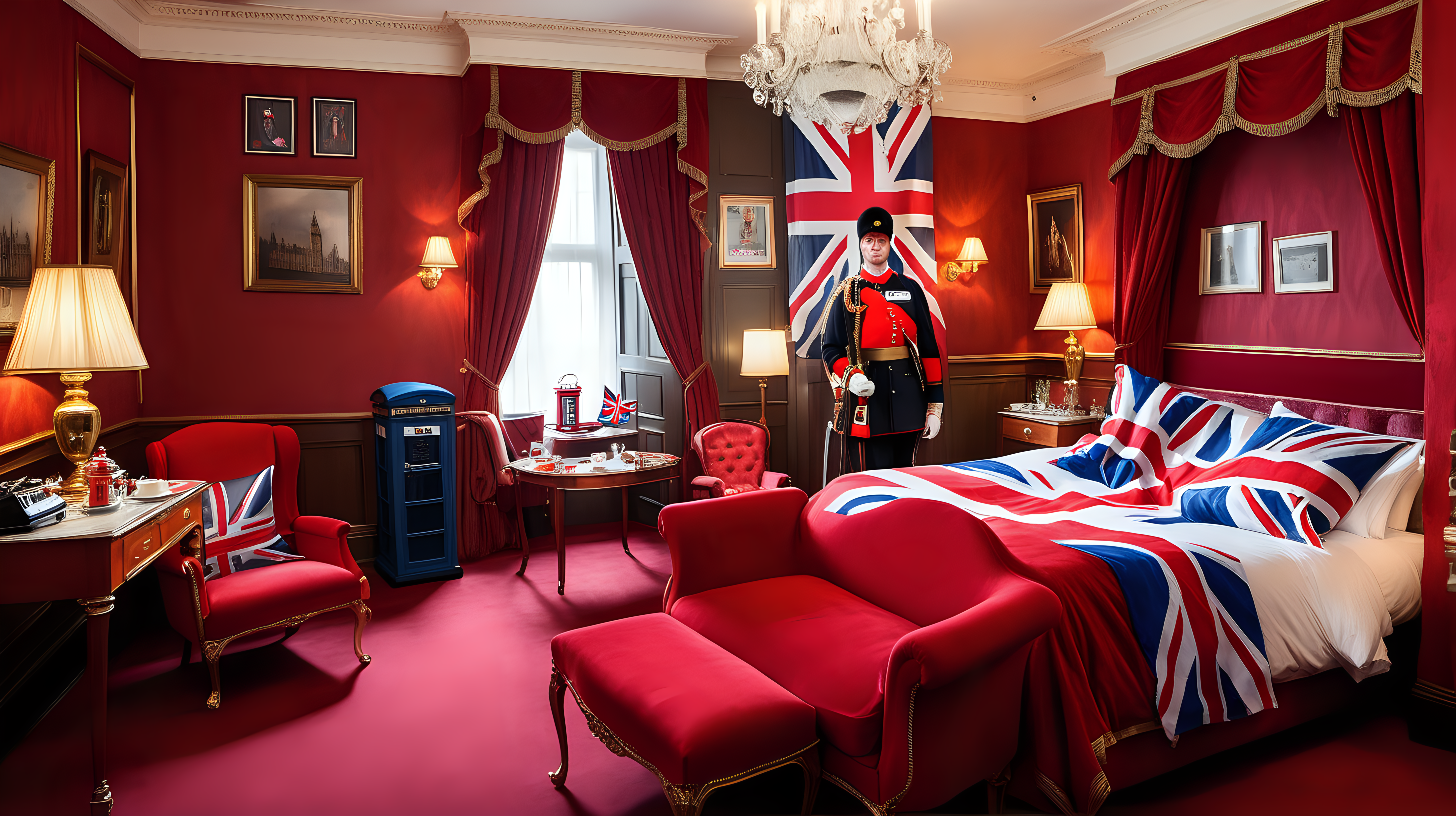 very royal Hotel room decorated over the top with United Kingdom stereotypes, with Foot Guards, English flags, red bus, telephone booth, tea set, english flag