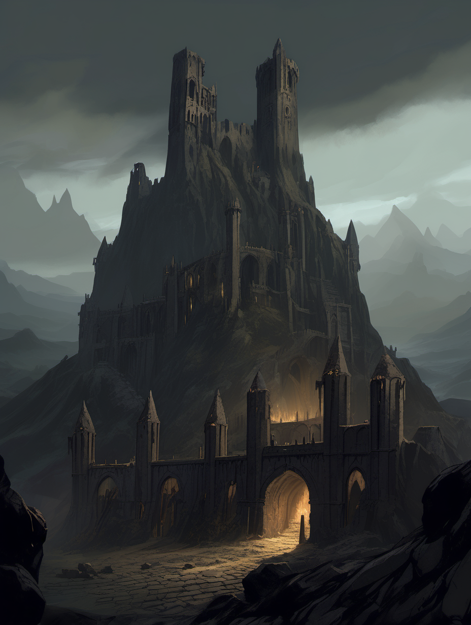 Grimkeep, a ruined city in middle earth in dark colours