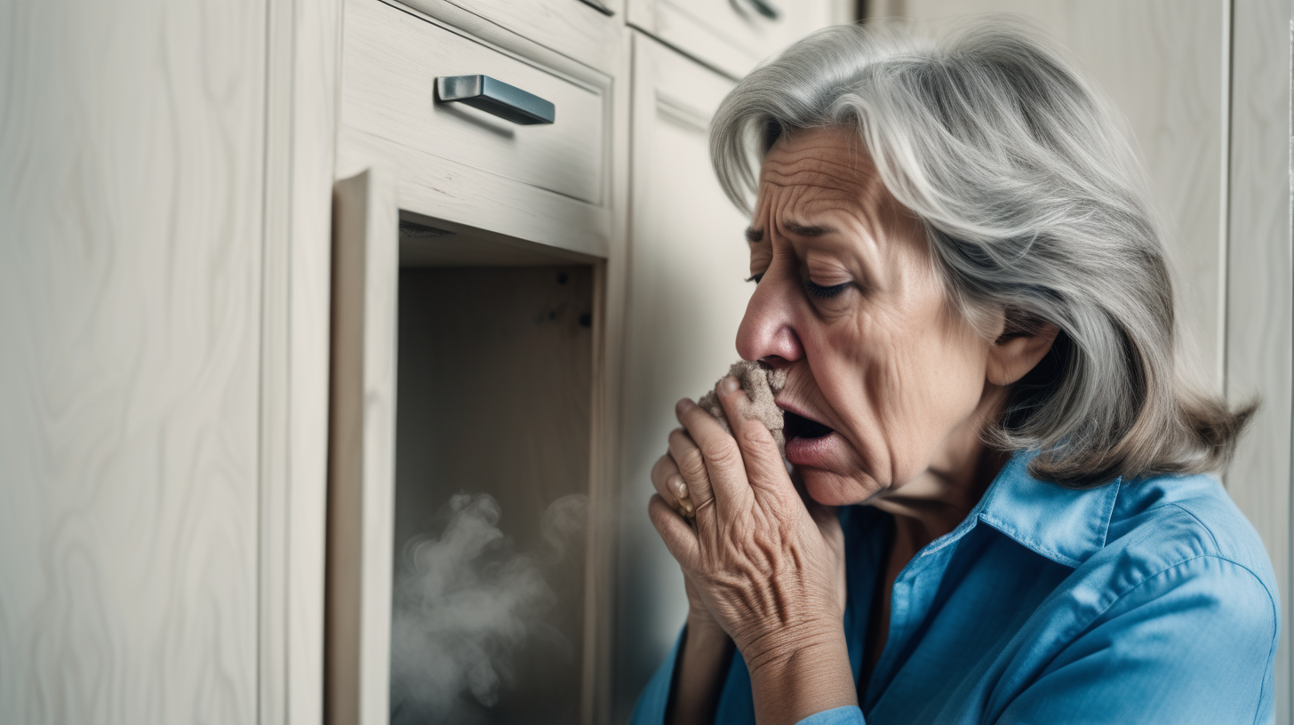 image of an older beautiful woman wearing blue shirt ages 55-60 years old coughing hard facing on super dusty cabinet. close up
