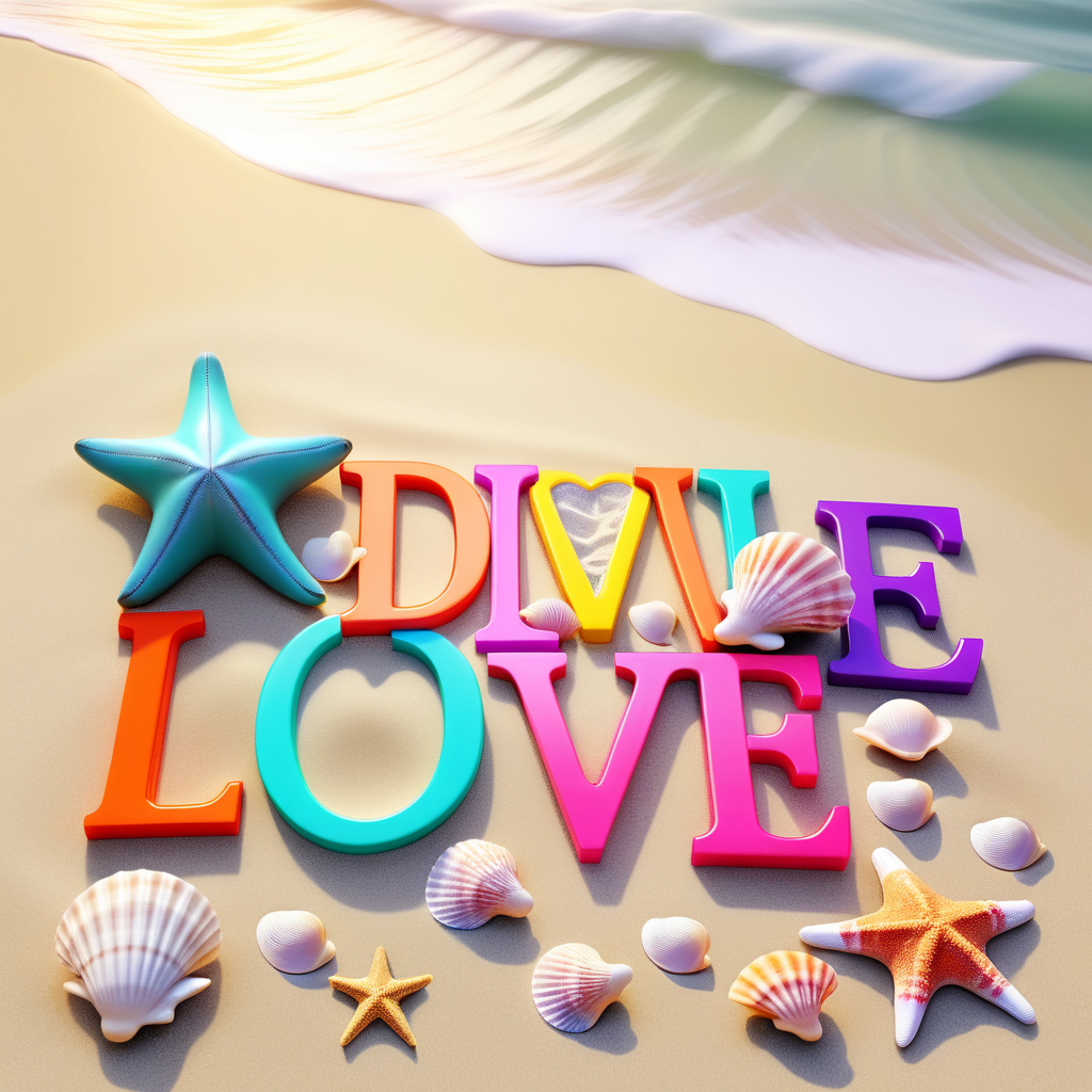 the exact spelling of Divine love } in colorful letters with a star floating around on a beach with seashells and dolphins swimming in the water 