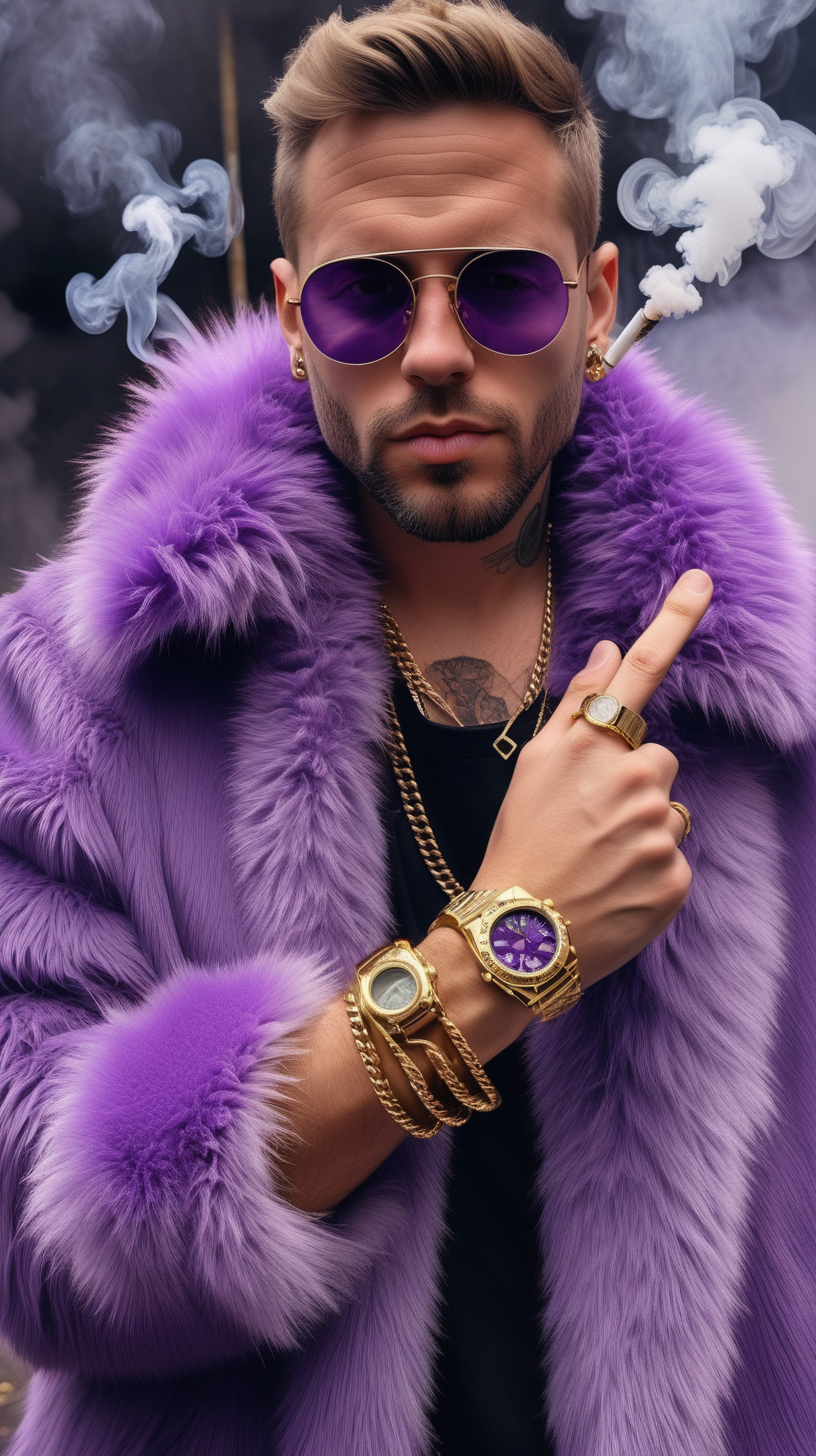 Mans,  hand with lots of big golden rings, bracelets and watch holding up a joint between his fingers, smoke billowing out, he is wearing a purple faux fur jacket