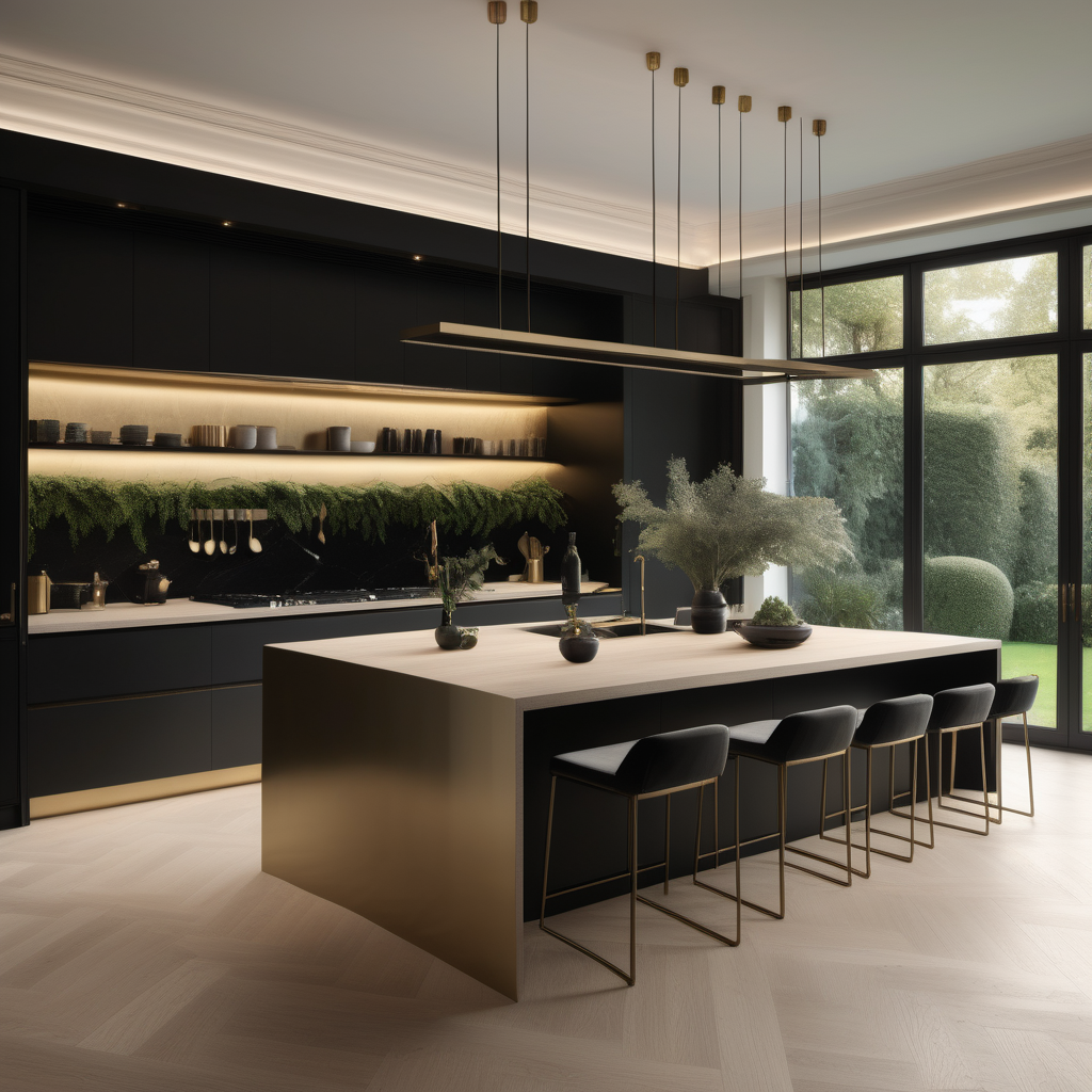 a hyperrealistic of an elegant Modern Parisian estate home kitchen with island, mood lighting, floor to ceiling windows overlooking the lush gardens, in a beige oak brass and black colour palette 
