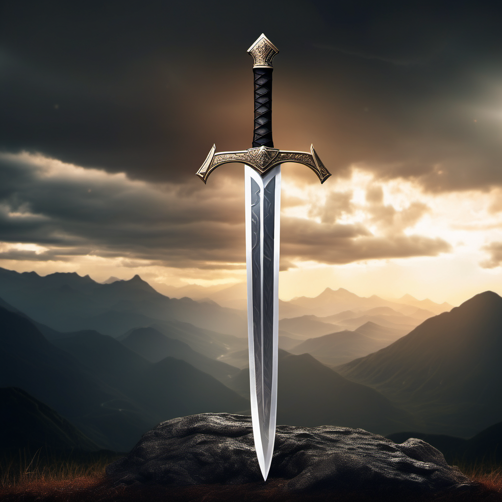 large sword stuck in the ground against a mountain range background with lighting striking the sword
