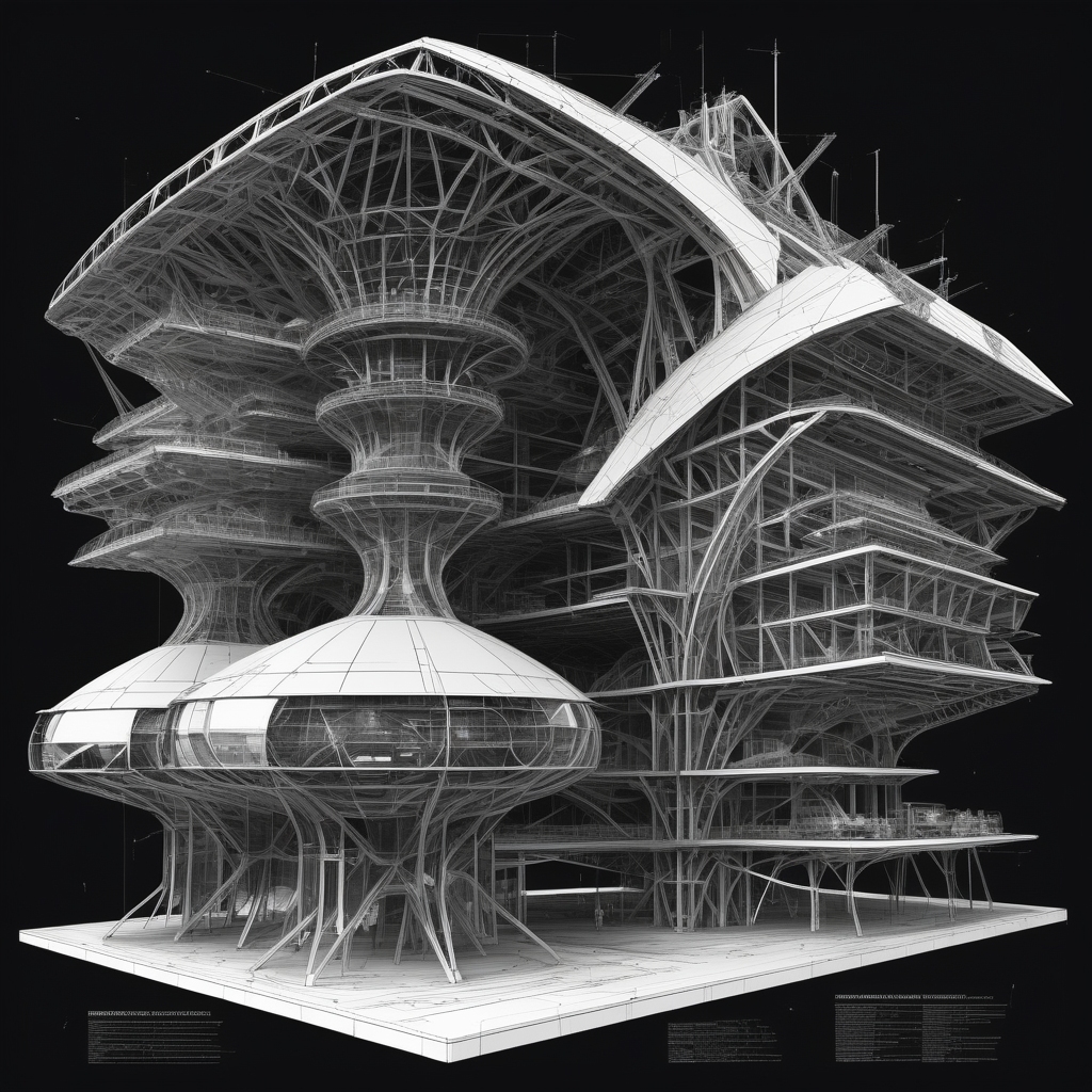 black and white exploded view blueprints of futuristic space mega structure