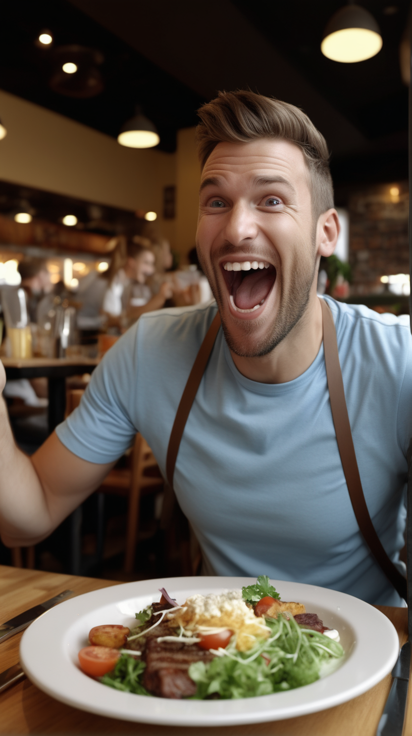 man at a restaurant excited and happy about