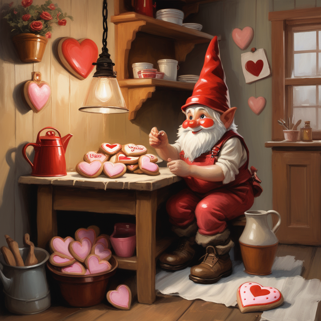 /envision prompt: In this oil painting, a valentine-themed gnome, inspired by the timeless works of Norman Rockwell, takes center stage. Placed in a cozy kitchen, the gnome lovingly bakes heart-shaped cookies, surrounded by vintage decor. The color temperature leans towards warm earth tones, creating a nostalgic ambiance. The gnome's expression reflects concentration and affection, bathed in the soft glow of a rustic hanging lamp. The overall atmosphere exudes a heartwarming charm, capturing the essence of love in simple domestic moments. --v 5 --stylize 1000