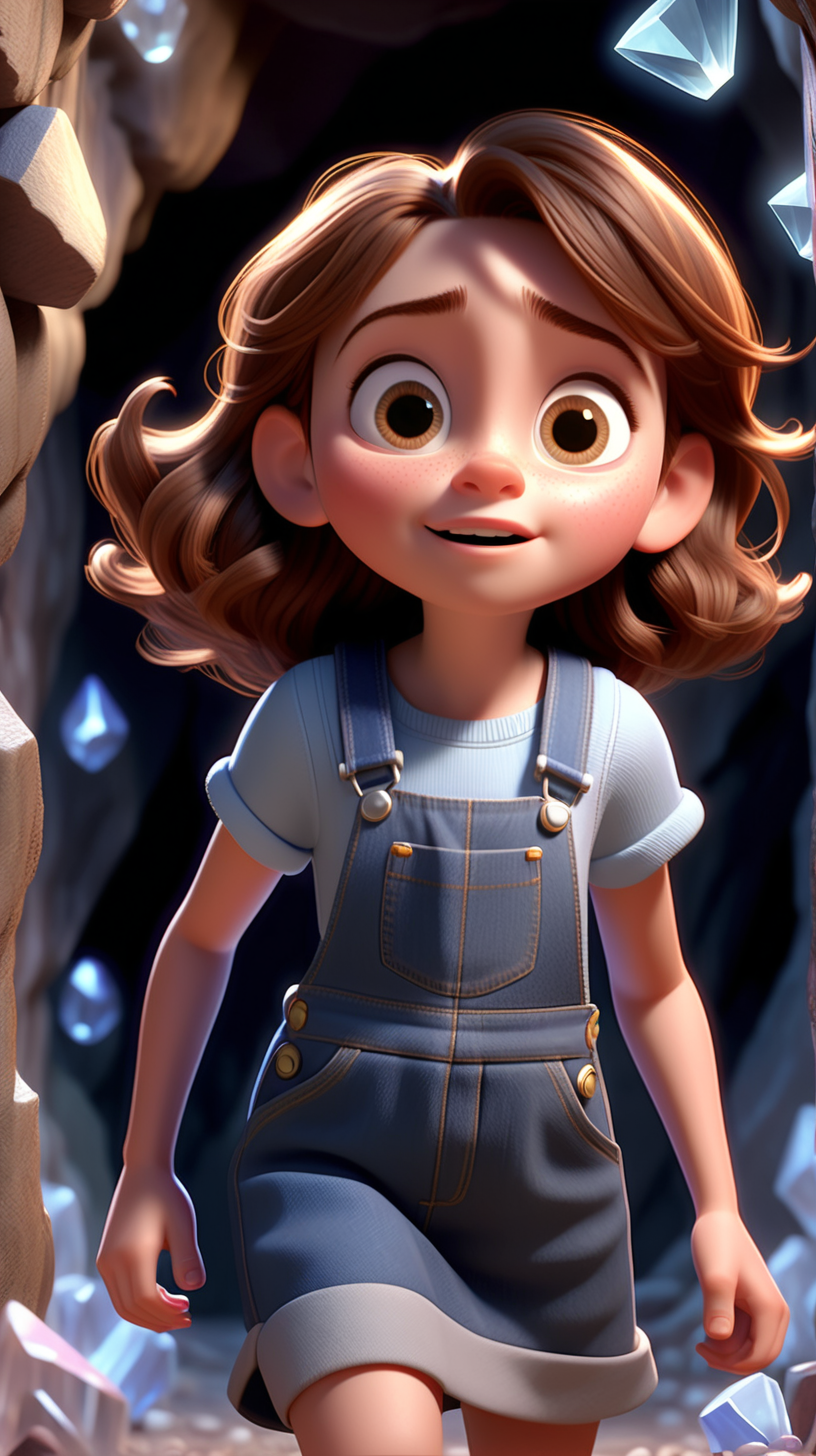 imagine 5 year old short girl with brown hair, fair skin, hazel eyes, wearing a denim dress overall, use Pixar style animation, make her running and make it full body size, standing inside a cave, surrounded by crystals